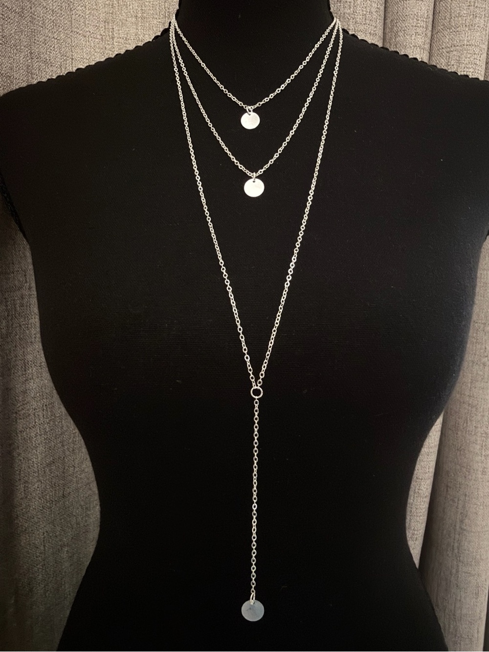 3 Pc Silver Tone Layered Necklace Set Disc Pendants Lariat Adjustable